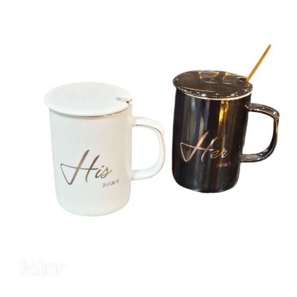 ست ماگ سرامیکی His & Her همراه درب و قاشق – مناسب زوج‌ها